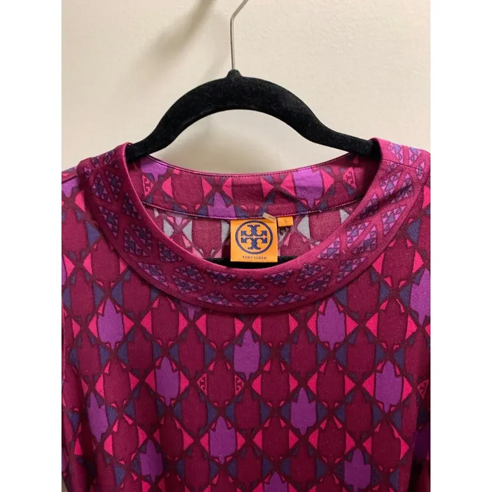 Women’s Tory Burch purple pink print scoop neck 100% silk dress size small